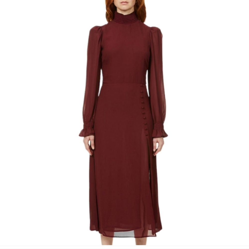 Reformation Stevi Plum High Neck Long Sleeve Slit Leg Crepe Midi Dress 8 New